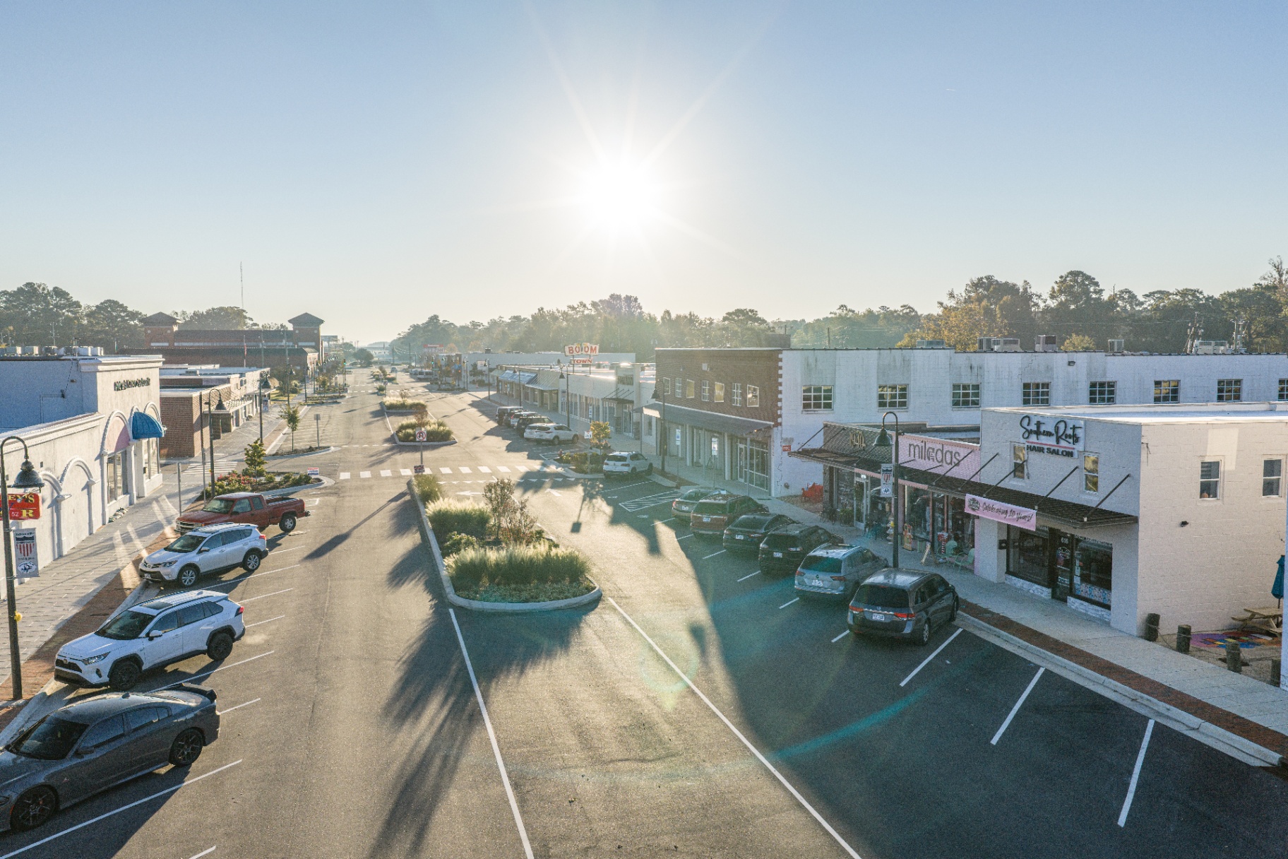 Downtown Jacksonville, North Carolina shops and storefronts on a bright morning